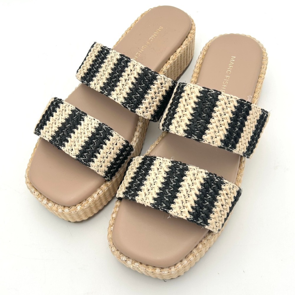 NWOB Marc Fisher Pelma Raffia Platform Slide Sandal Black Cream Stripe Two Strap